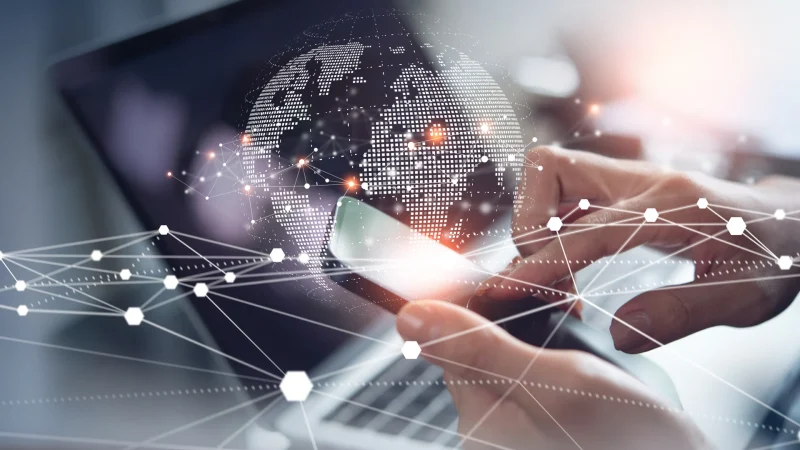 Digital technology, internet network connection, big data, digital marketing IoT internet of things. Woman using mobile phone and laptop computer surfing internet, innovative technology background
