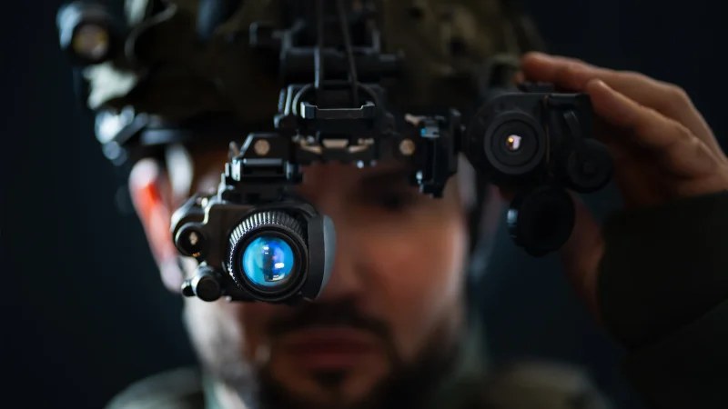A soldier using modern night vision and thermal imaging in the darkness. Close up.