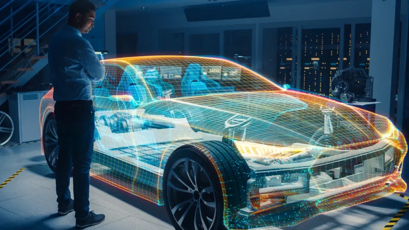 In Automotive Innovation Facility Automobile Design Engineer Working on 3D Holographic Model Projection of Electric Car. Futuristic Concept of Virtual and Augmented Realty Use.