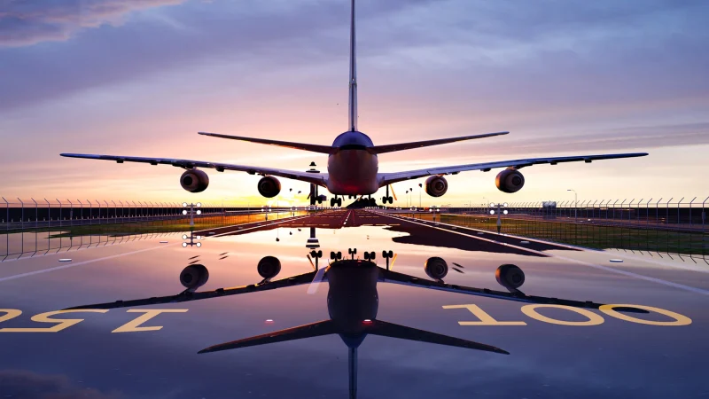 3D illustration Render. Passenger plane is landing during a wonderful sunrise.